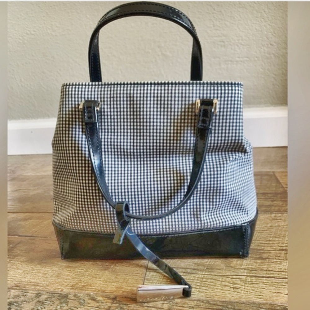 Liz Claiborne patent‎ and gingham mini purse
